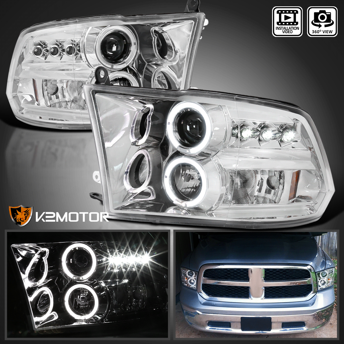 For 2009-2018 Dodge Ram 1500 10-18 Ram 2500/3500 Halo Projector