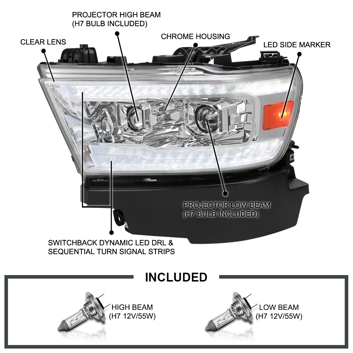Spec-D Tuning Black LED Sequential Signal Projector Headlights For 2015-2017 Ford F150 - Switchback, Halogen Bulbs, DOT/SAE Certified
