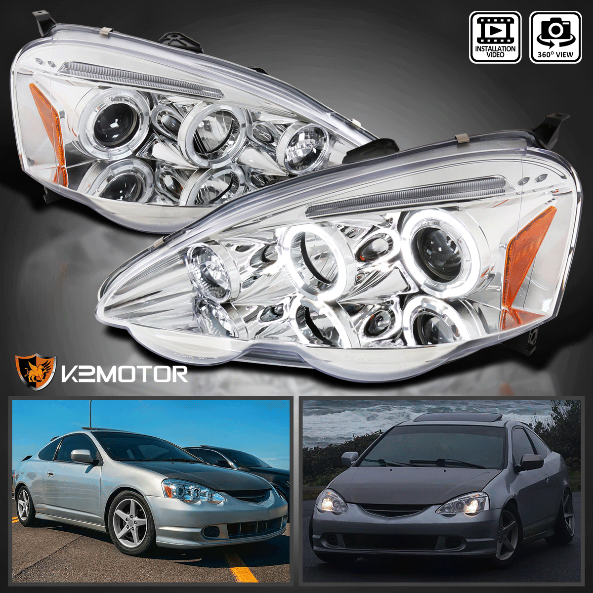 Clear Fits 2002-2004 Acura RSX LED Halo Projector Headlights Lamps