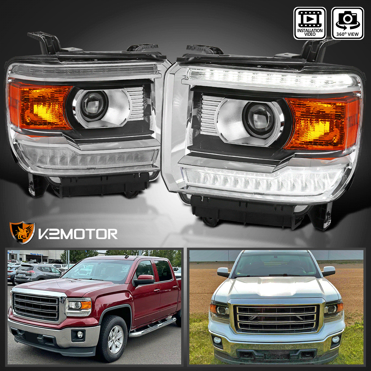For 20142018 GMC Sierra 1500 Projector Headlights w/ LED DRL Daytime