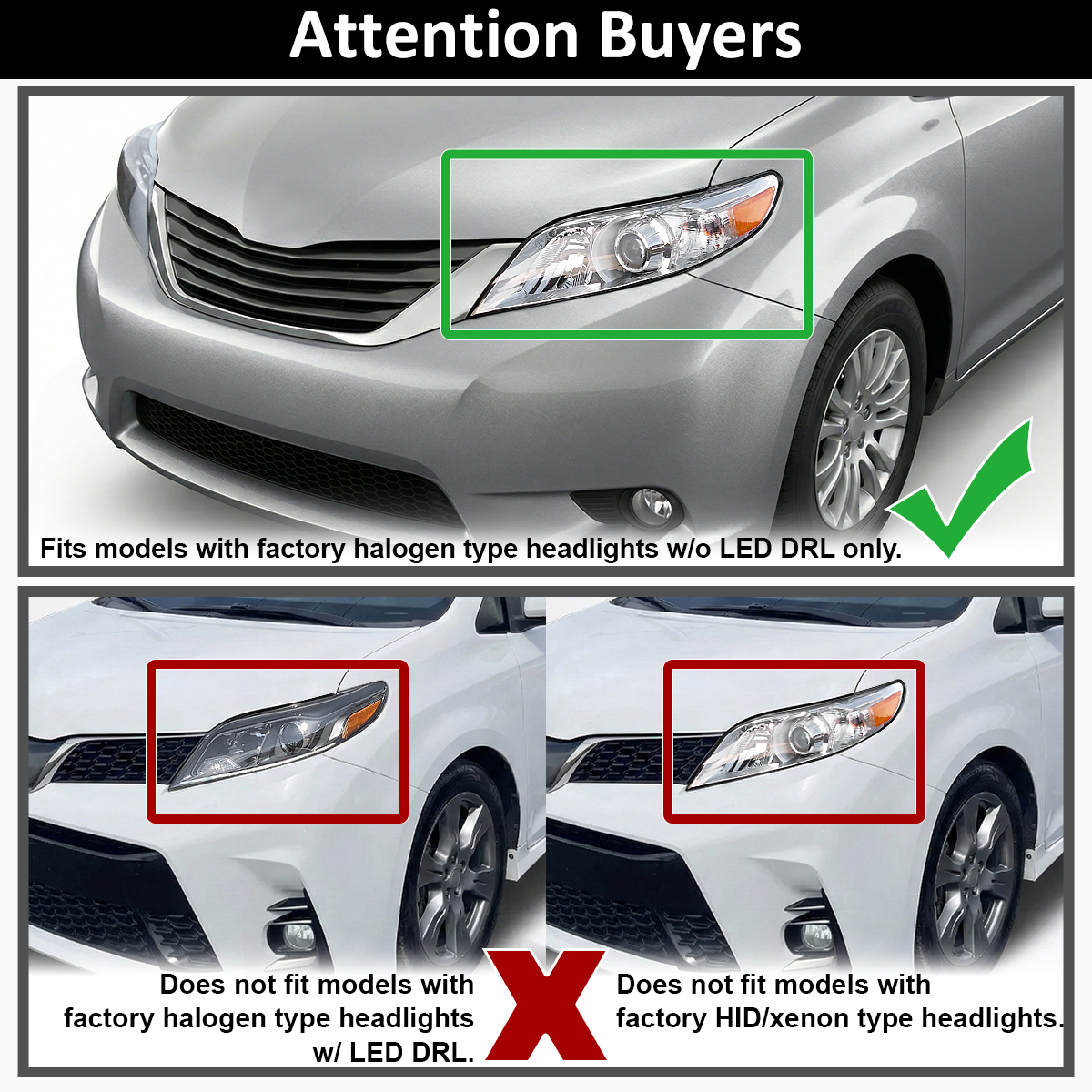 Fits 2011-2020 Toyota Sienna Black Switchback LED DRL Projector