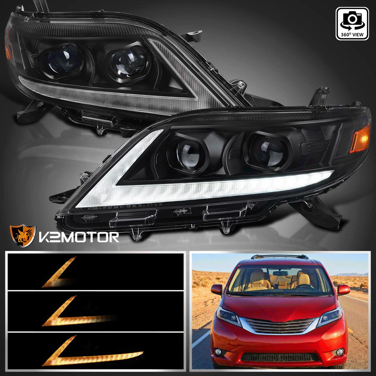 Fits 2011-2020 Toyota Sienna Black Switchback LED DRL Projector