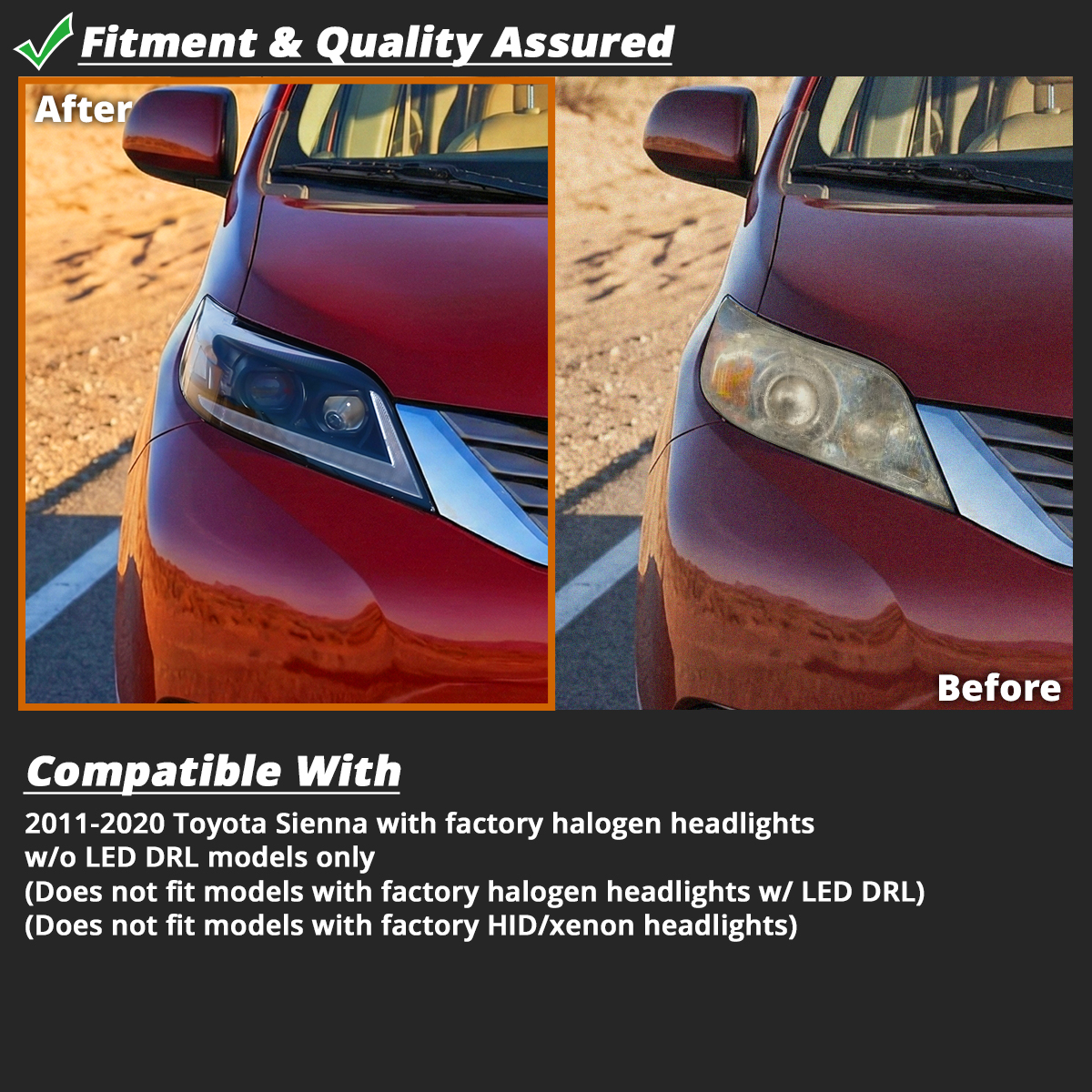 Fits 2011-2020 Toyota Sienna Black Switchback LED DRL Projector