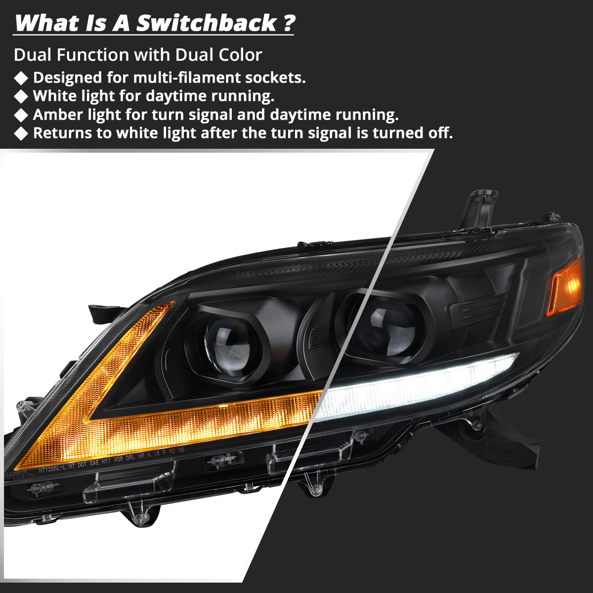 Fits 2011-2020 Toyota Sienna Black Switchback LED DRL Projector