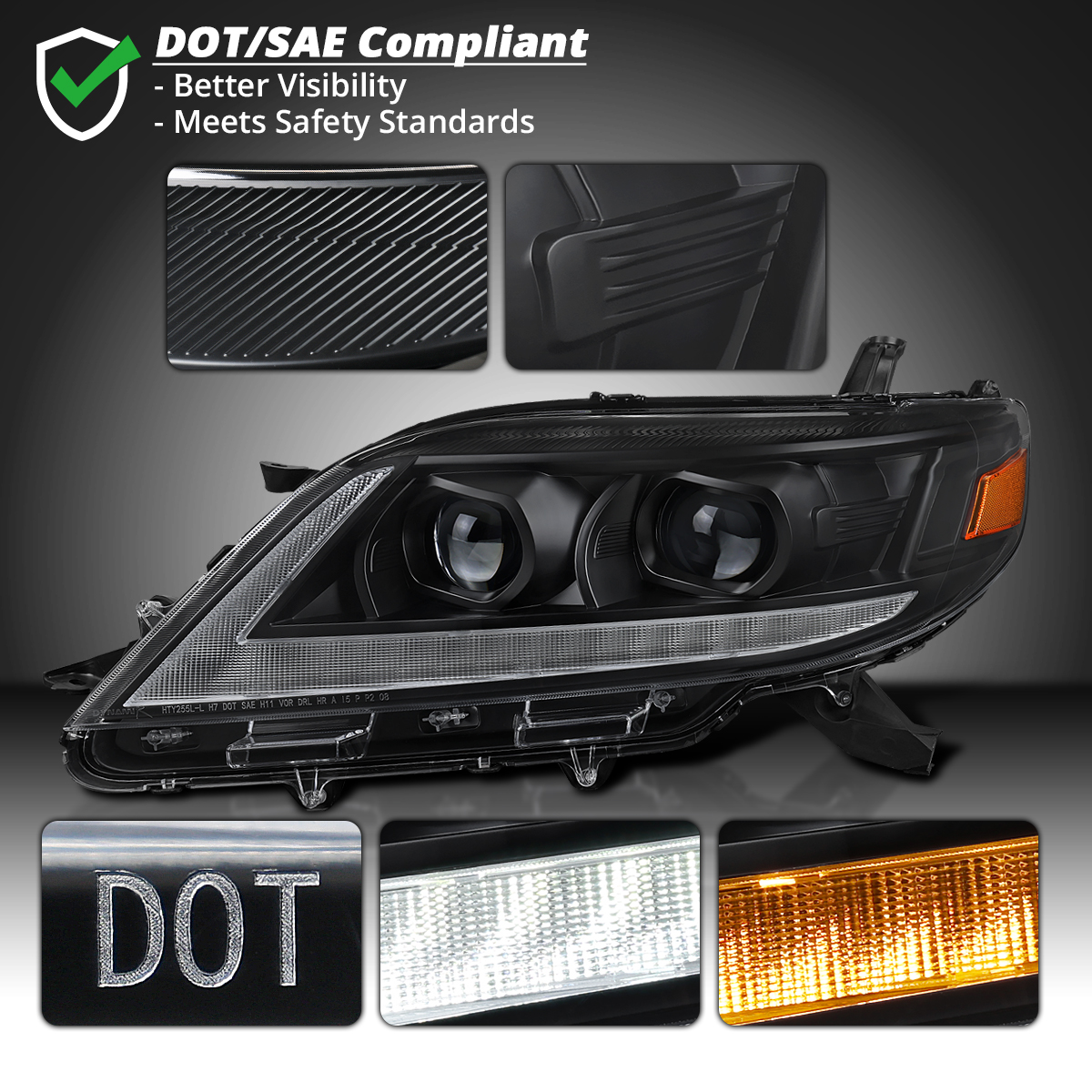 Fits 2011-2020 Toyota Sienna Black Switchback LED DRL Projector