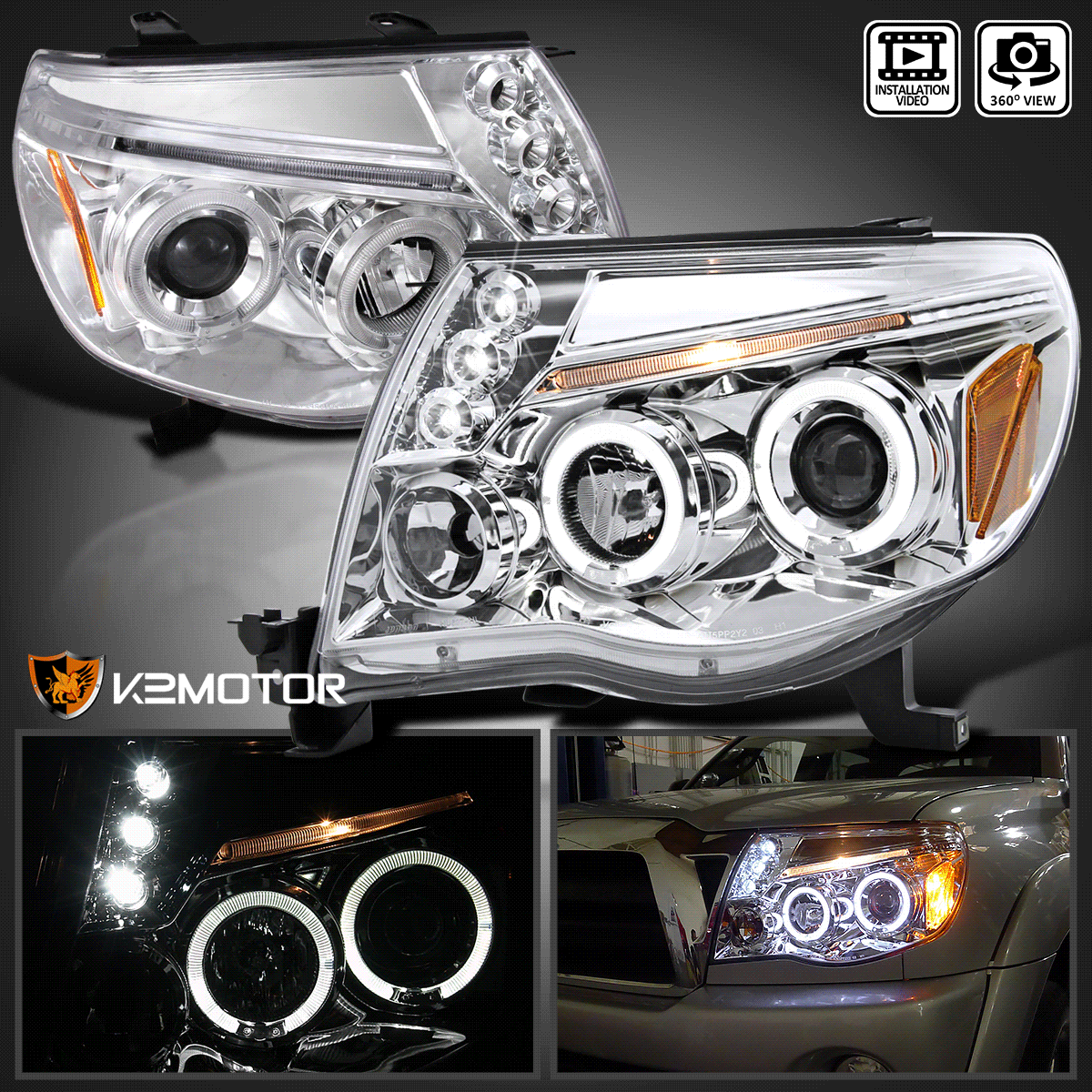 LED Halo Projector Headlights – 2005-2011 Toyota Tacoma, Pair Chrome Clear