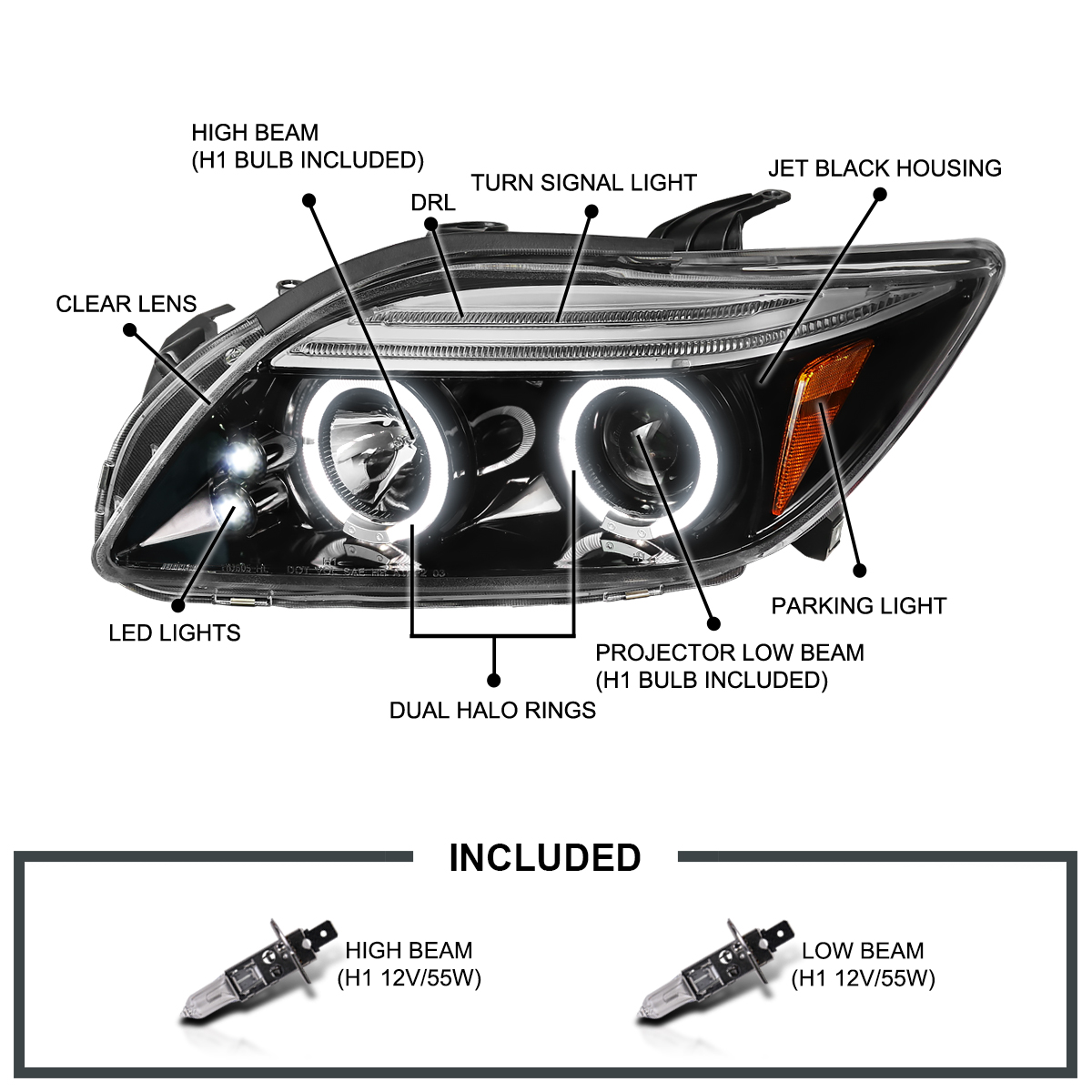 Jet Black 20052010 Scion tC Dual Halo Projector Headlights w/LED Lamps
