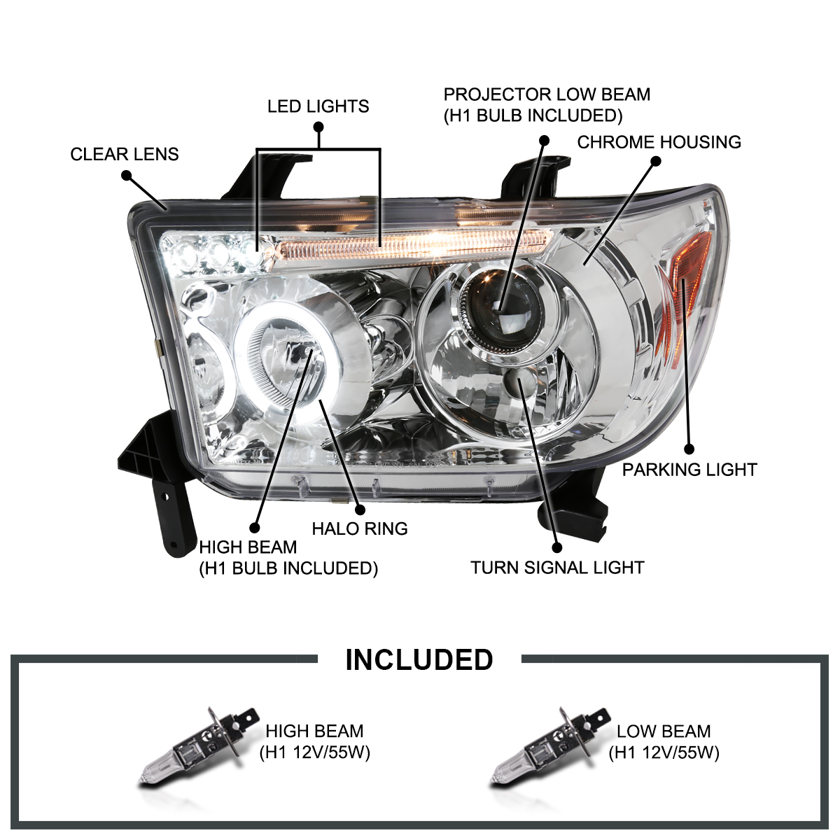 CROSSDESIGN LED Halo Projector Headlights For 2007-2013 Toyota Tundra & 2008-2017 Sequoia – Chrome Housing