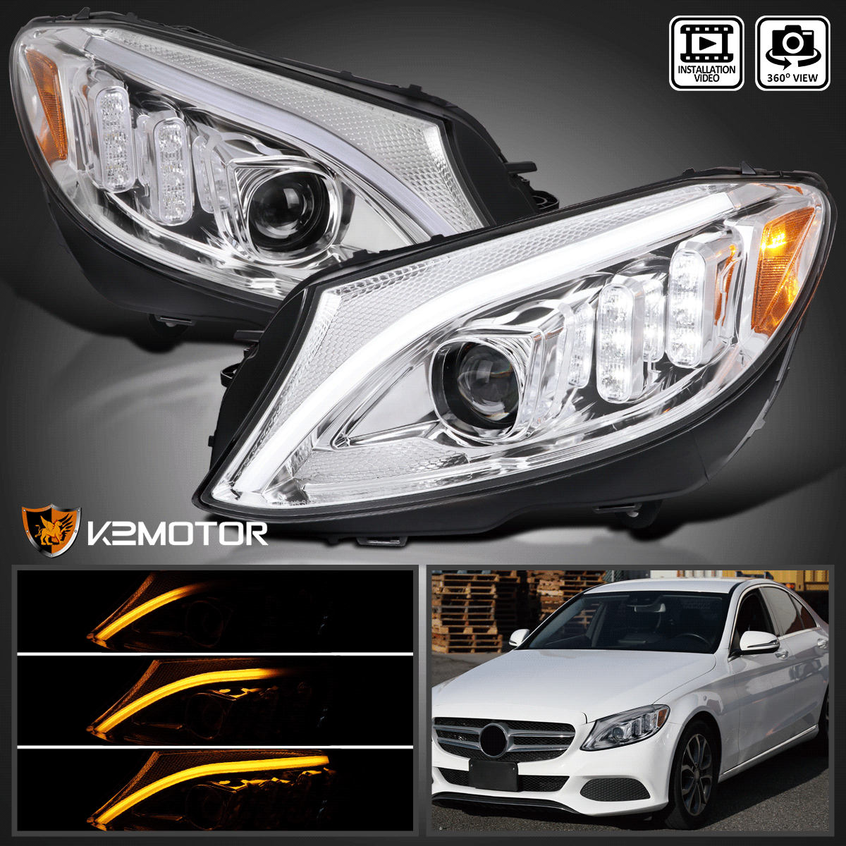 Fits 2015-2018 Mercedes Benz W205 C250 C300 Projector Headlights