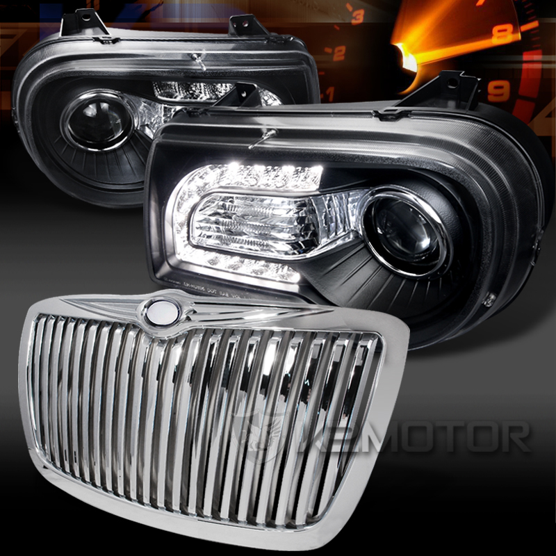 05-10 Chrysler 300C Black LED Projector Headlights+Chrome Hood Grille