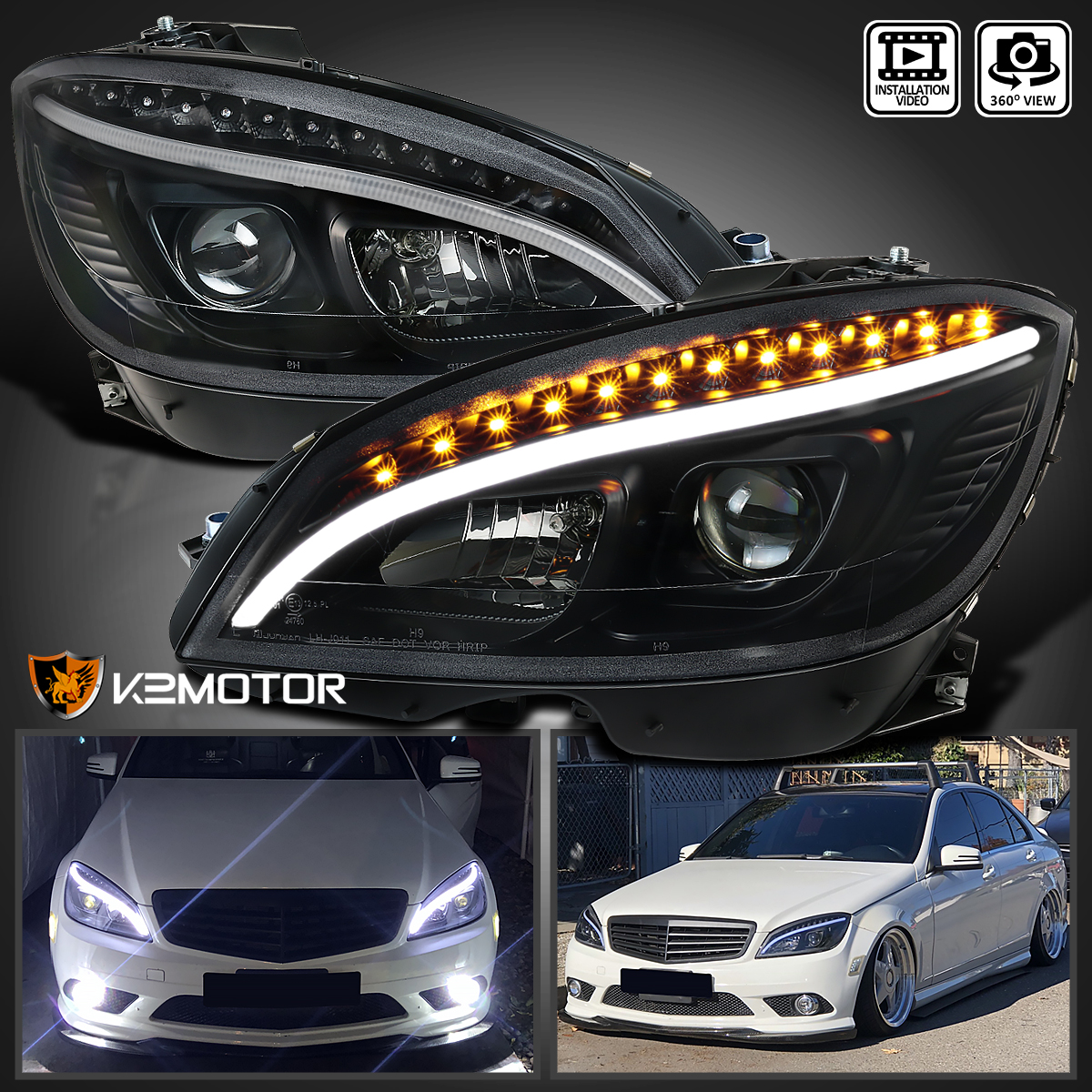 Black LED Strip Projector Headlights For Benz W204 C280 C300 C350 2008-2011 - Halogen