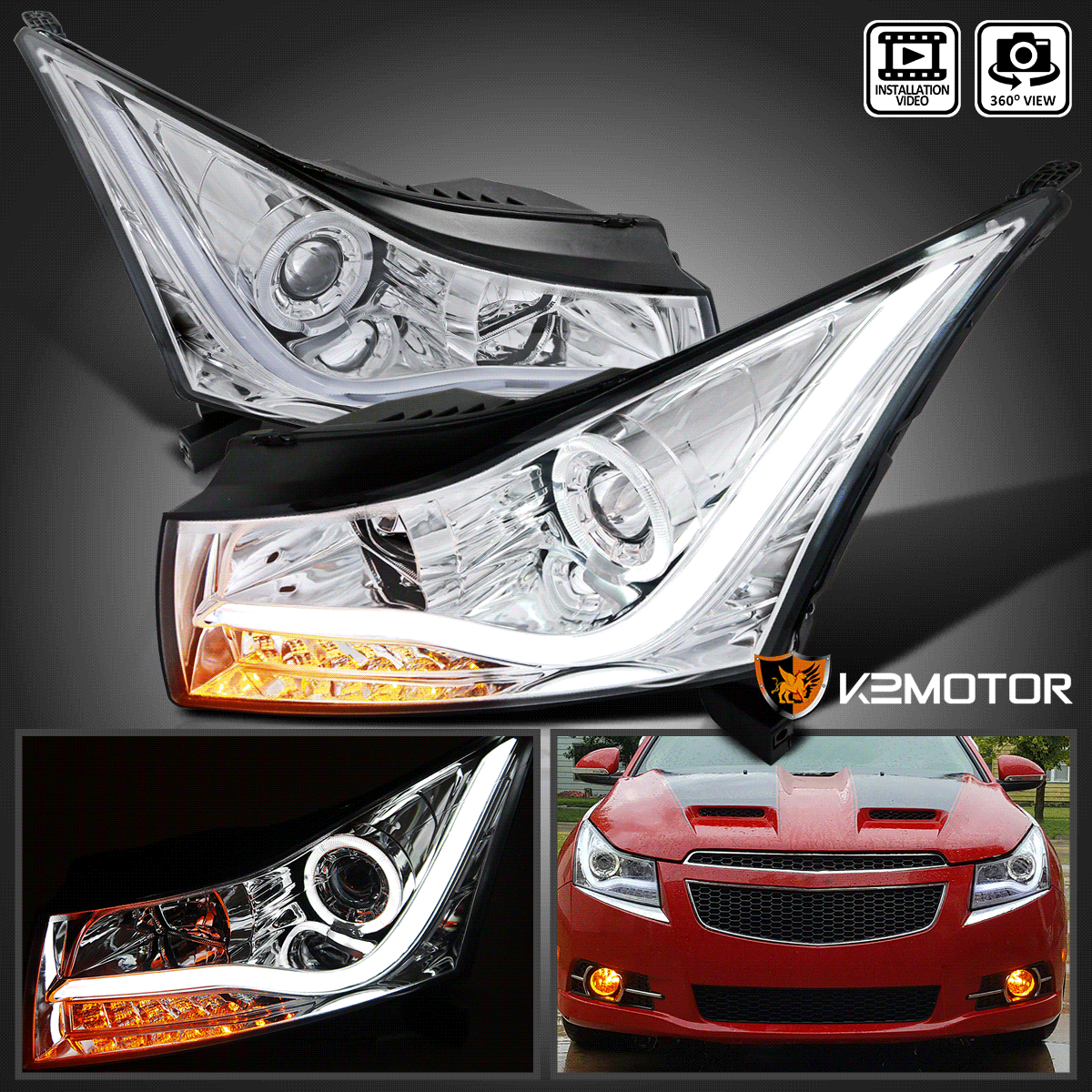 For 2011 2014 Chevy Cruze Halo LED Strip Clear Projector Headlights