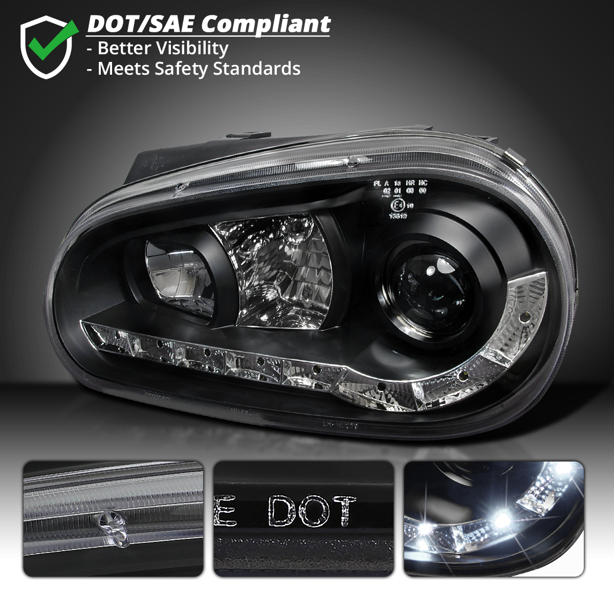 Black Fits 1999-2006 Volkswagen Golf MK4 LED Strip Projector