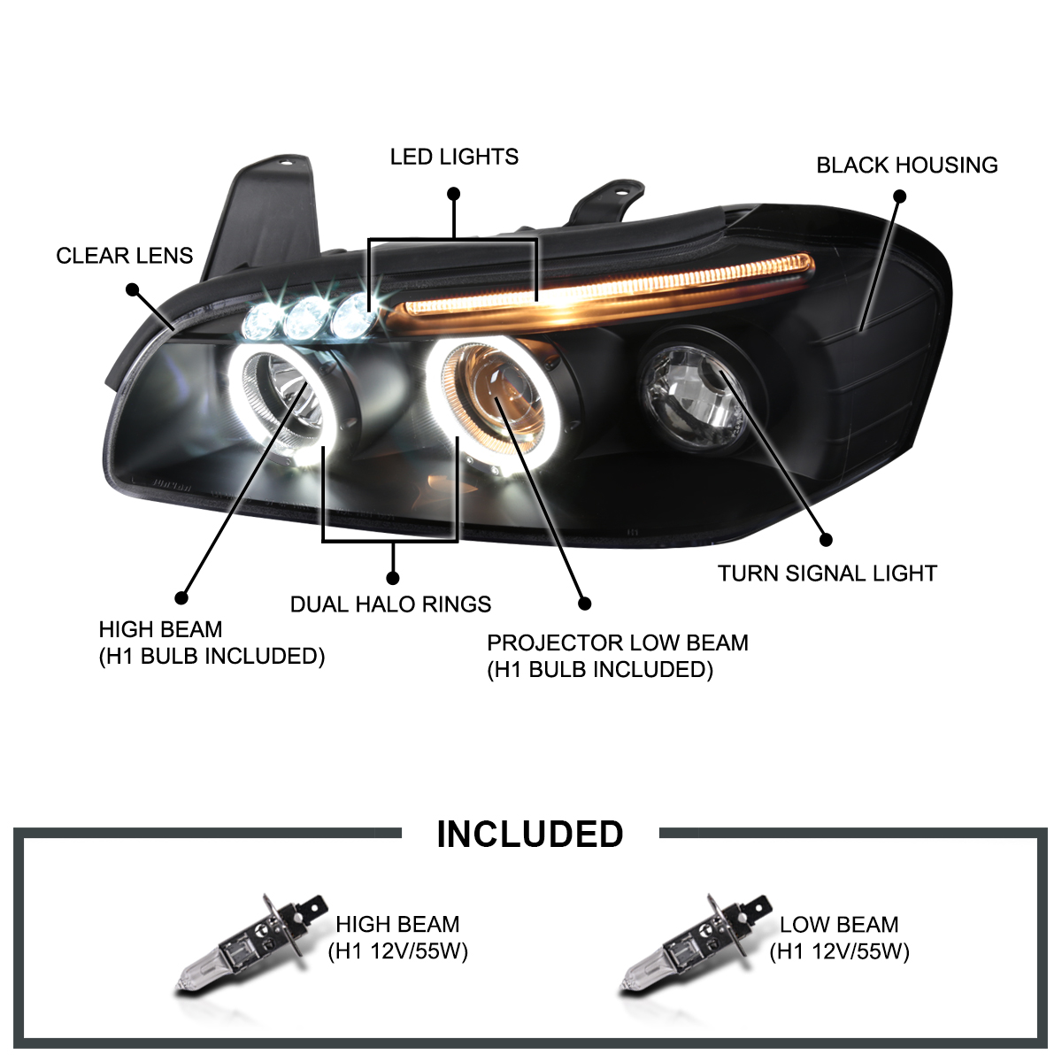 Dual Halo Projector Headlights Black Pair w// LED For 2000-2001 Nissan Maxima