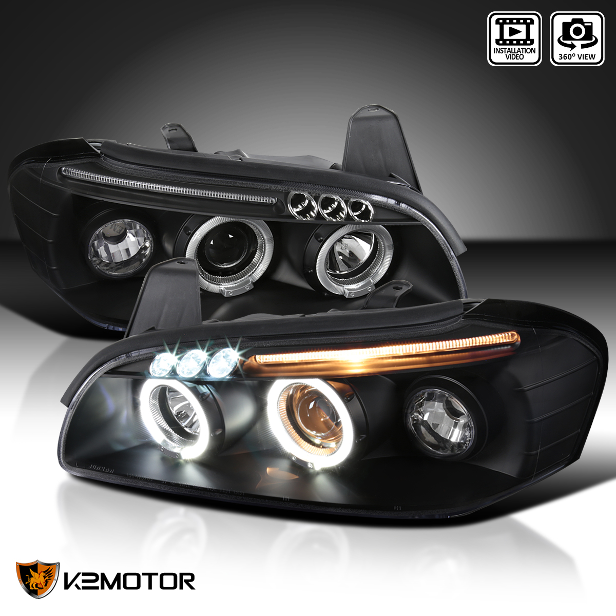 Dual Halo Projector Headlights Black Pair w// LED For 2000-2001 Nissan Maxima