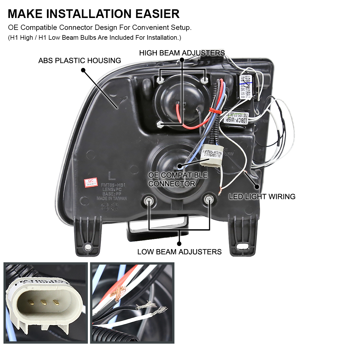 Autozensation LED Halo Black Projector Headlights For 2005-2009 Ford Mustang – Left+Right, H1 Bulbs