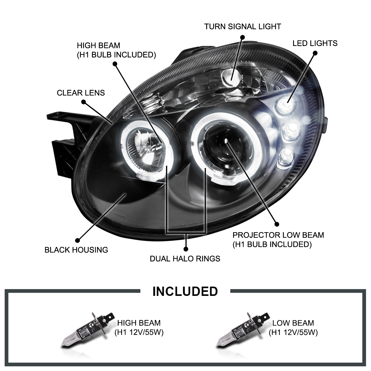 Maxcomotors Black Projector Headlights With LED Halo For 2003-2005 Dodge Neon – Pair
