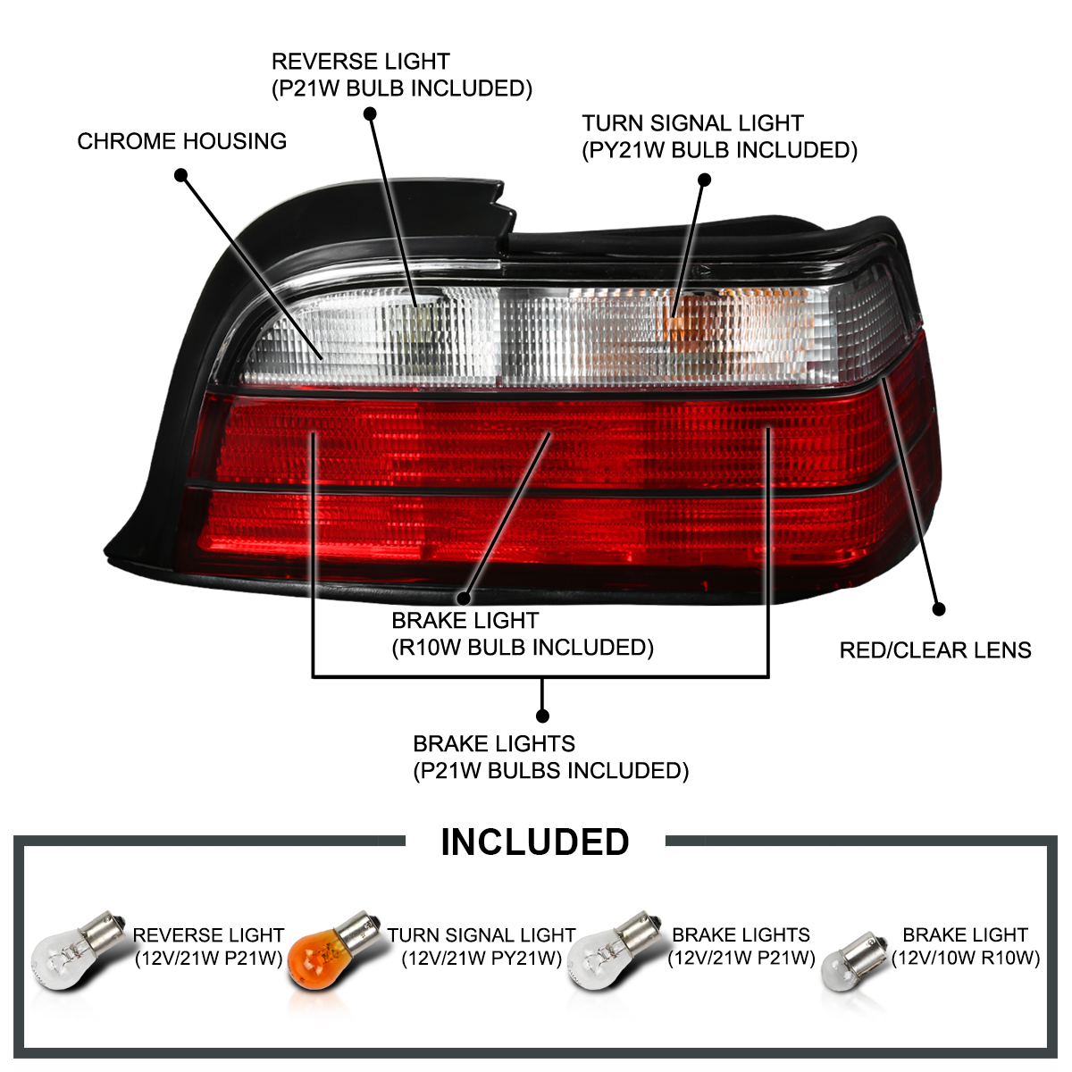 Red/Clear Fits 1992-1998 BMW E36 3-Series 2Dr Coupe Tail