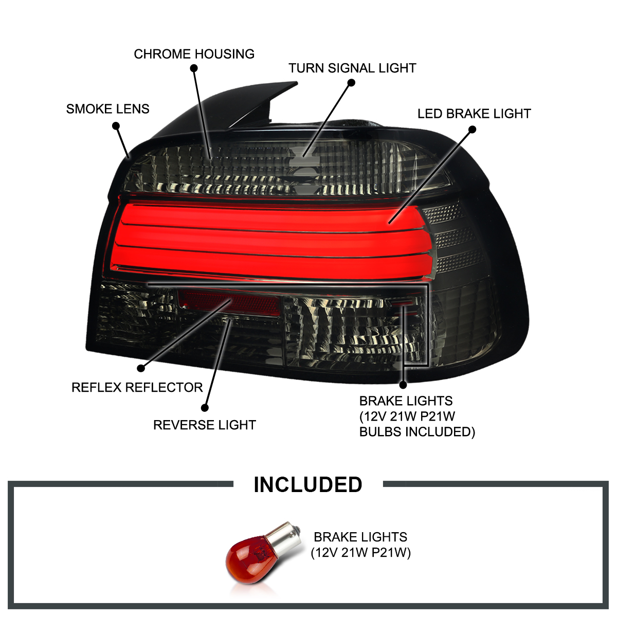For 1997-2000 BMW E39 5-Series 528i 540i Smoke LED Bar Tail Lights Left
