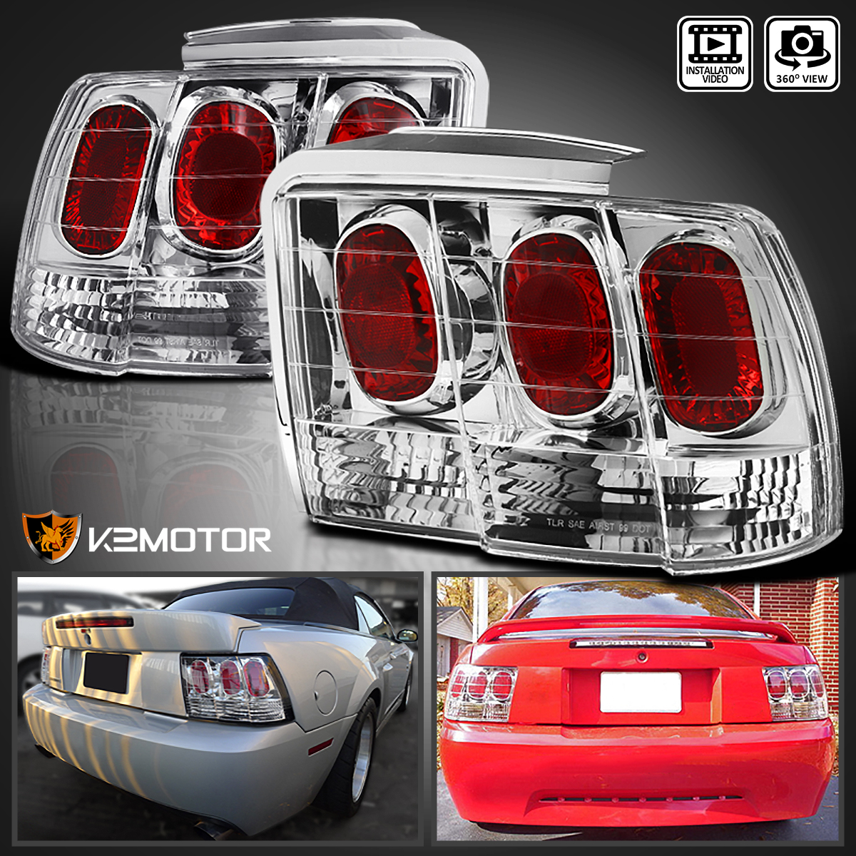 1999-2004 Ford Mustang Replacement Tail Lights Brake Rear Stop Lamps Black Pair