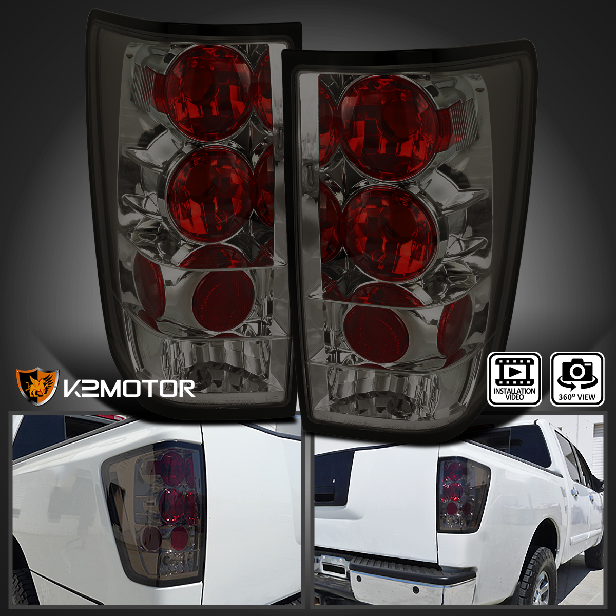 Autozensation Smoke Tail Light Assembly For 2004-2015 Nissan Titan Pickup – Left & Right Pair (Crystal Chrome Housing)