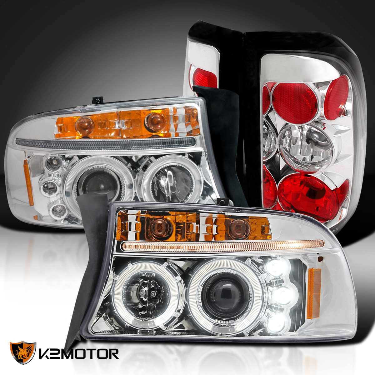 97-04 Dodge Dakota Euro Chrome Crystal Headlights+Clear Rear Tail Lamps