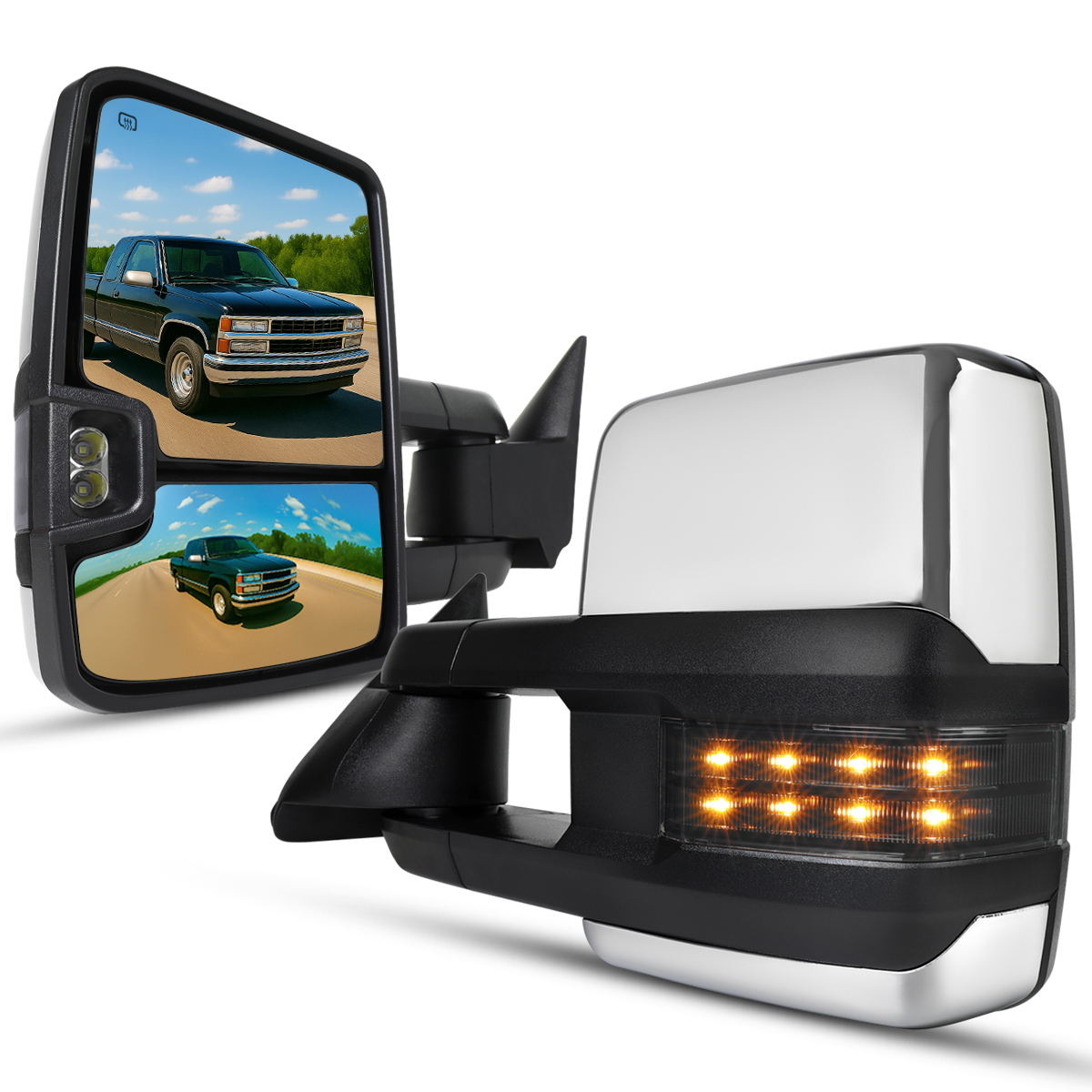 Fits 1988-1998 Chevy C/K 1500 Chrome Power Heated Tow Mirrors+
