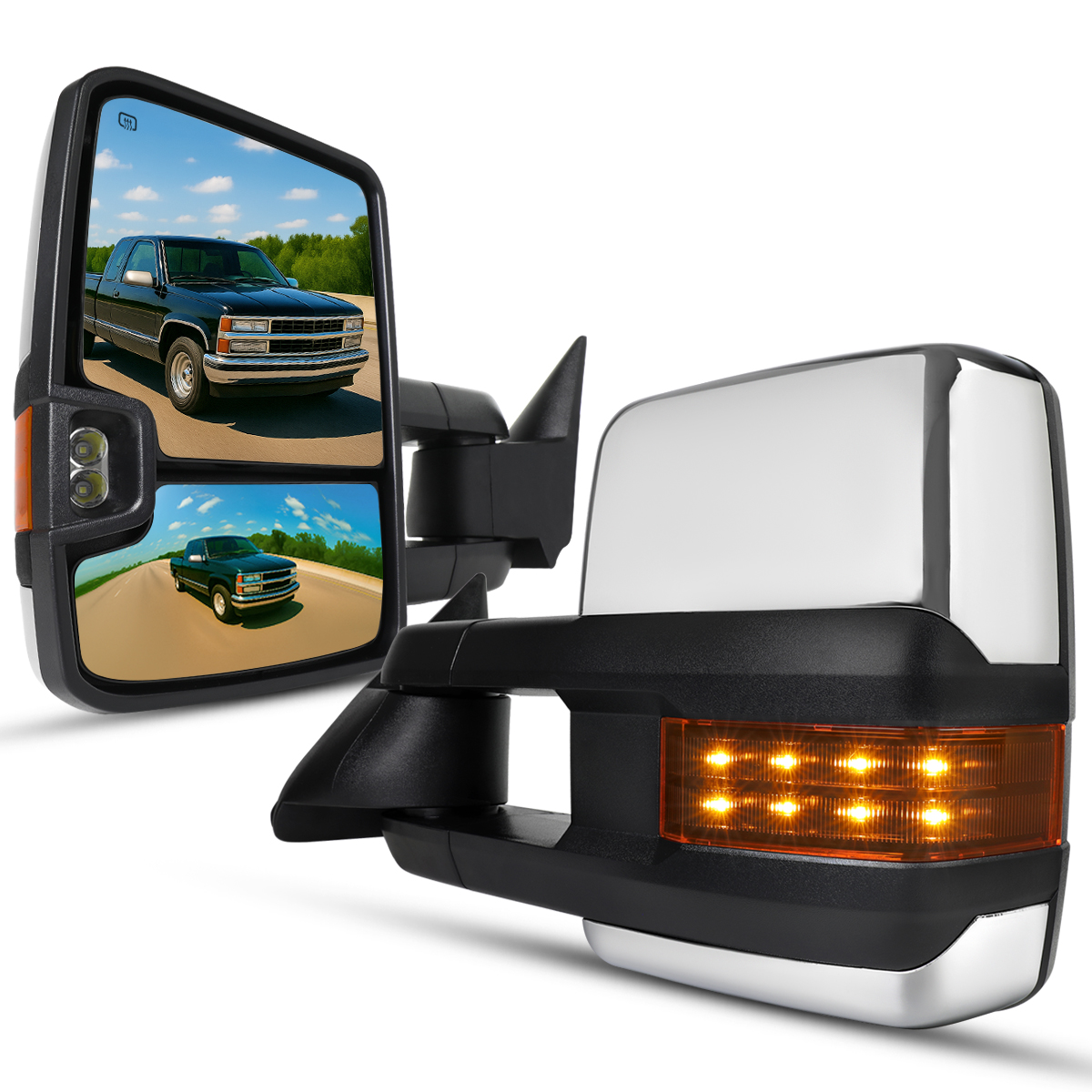 1988-1998 Chevy C/K 1500 Chrome Power Heated Tow Mirrors+Amber LED