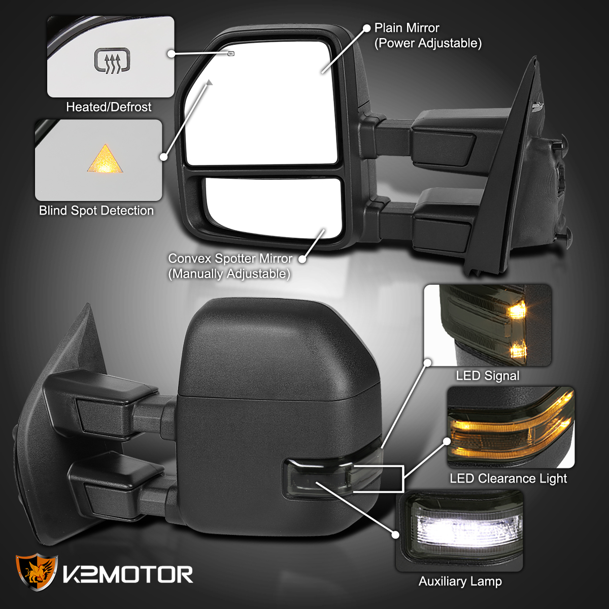 Fit 20172019 Ford F250 F350 SuperDuty Power+Heated+Smoke LED Signal