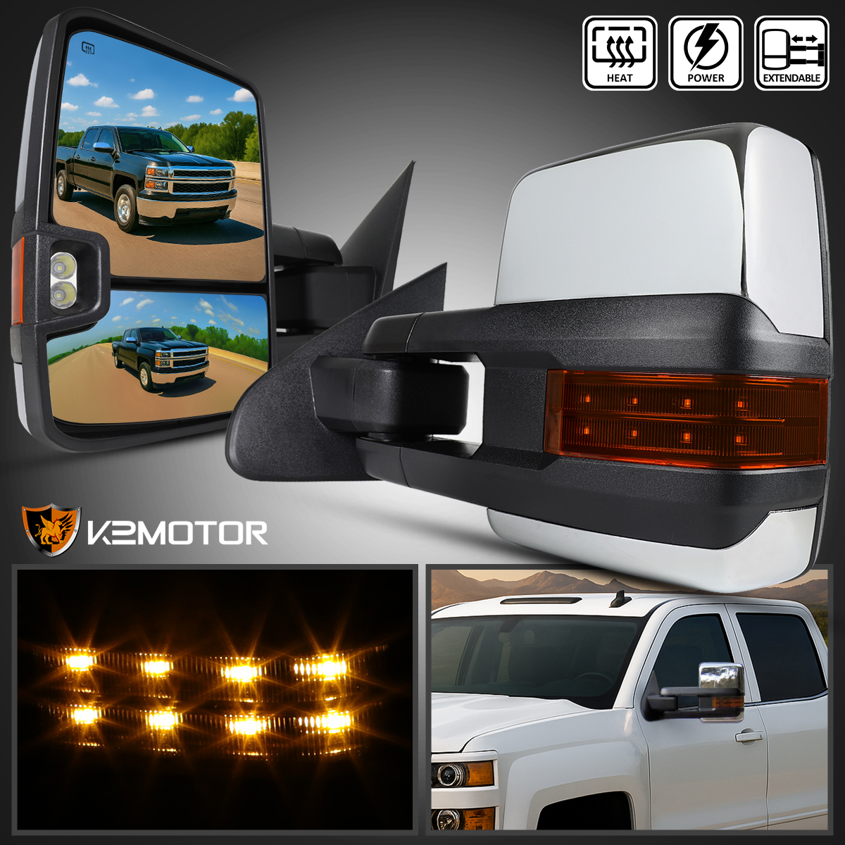 Chrome Power Heated Tow Mirrors For 14-18 Silverado/Sierra – Smoke LED Signal