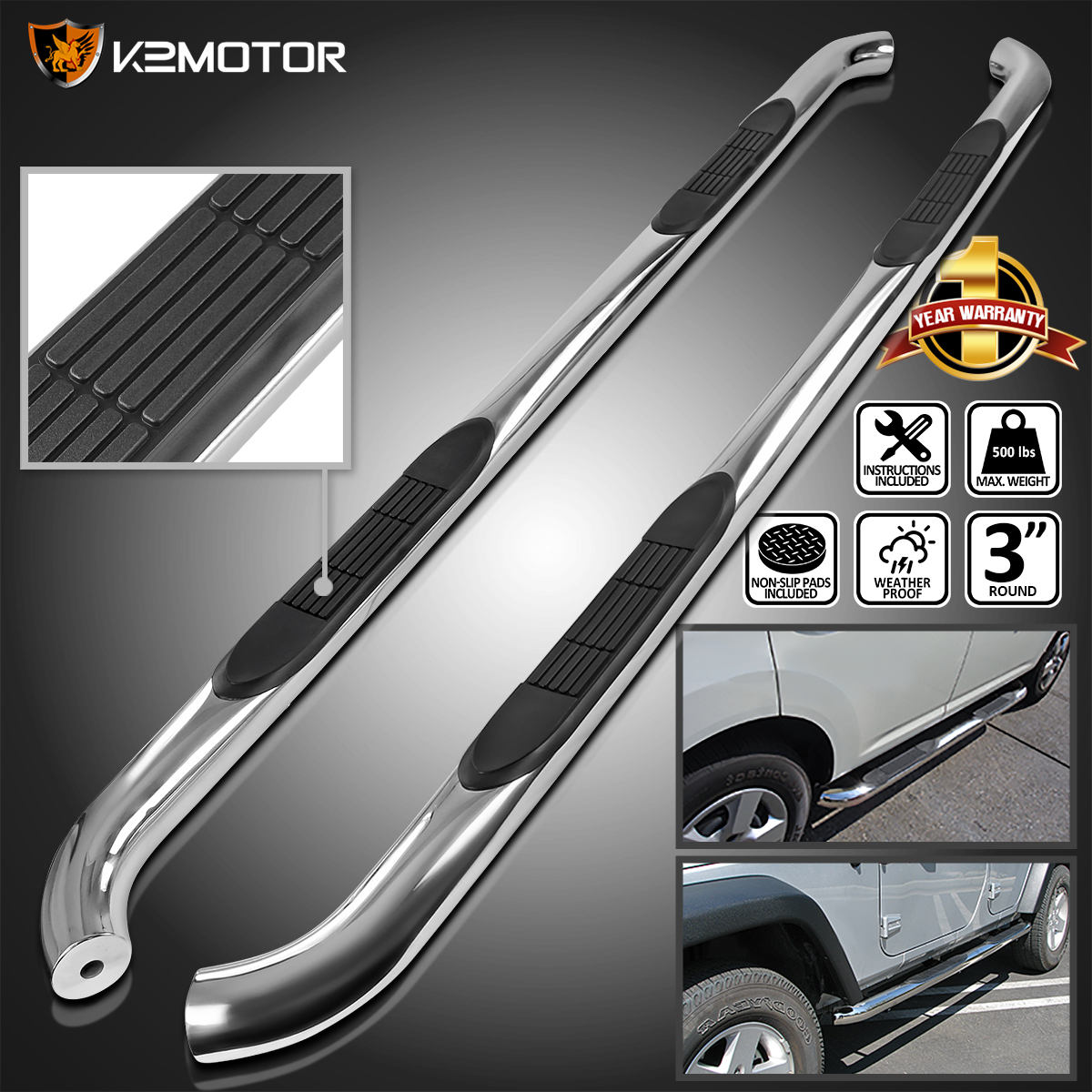 Fit 2001-2003 Ford F150 Super Crew Cab 3/" Round Nerf Bar Side Step Running Board