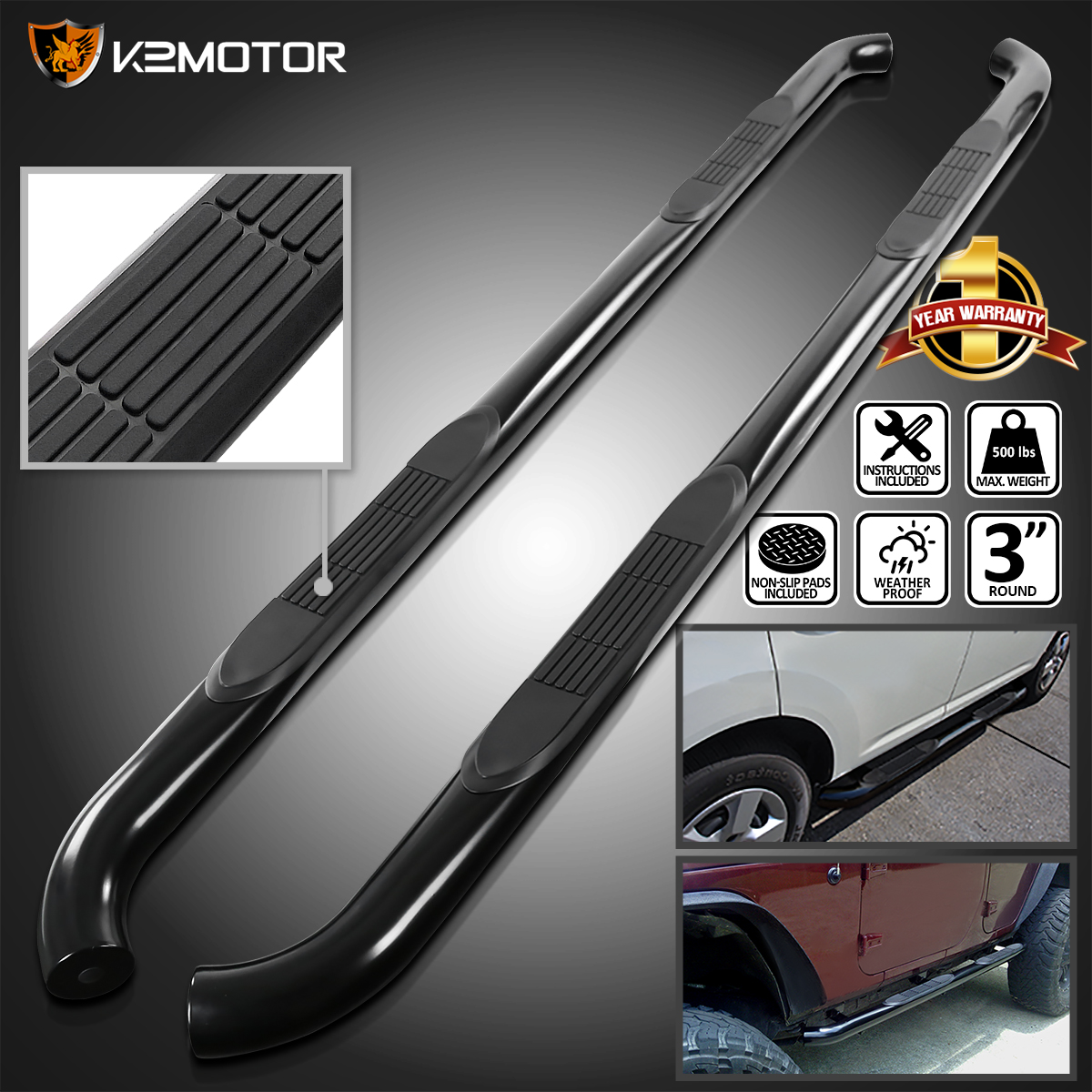 Mild Steel Black Round 3/"Side Step Nerf Bar//Rail for 2004-2015 Nissan Titan Ext