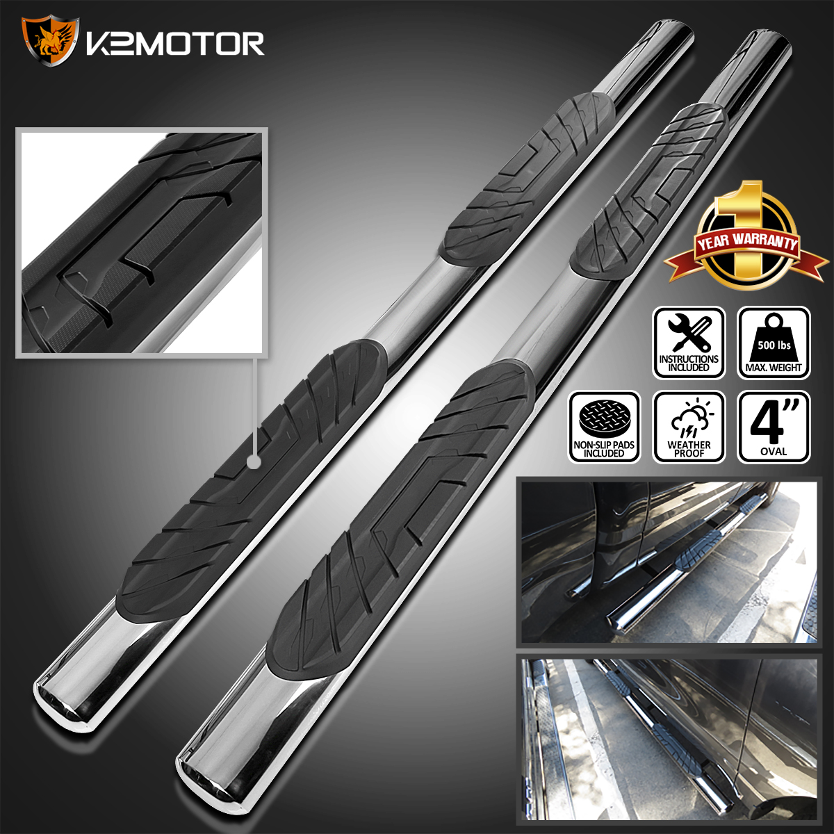 For 2019-2020 Ram 1500 Quad Cab 4" Pickup Black Coated Oval Nerf Side