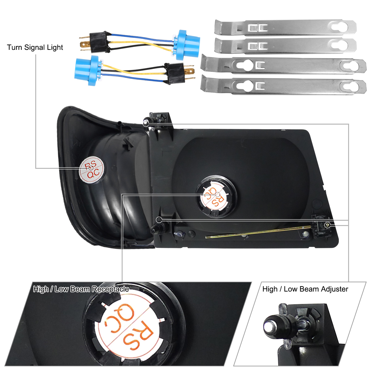Complete Black Housing Headlight & Corner Lamp Set For 1992-2007 Ford Econoline Van (Pair)