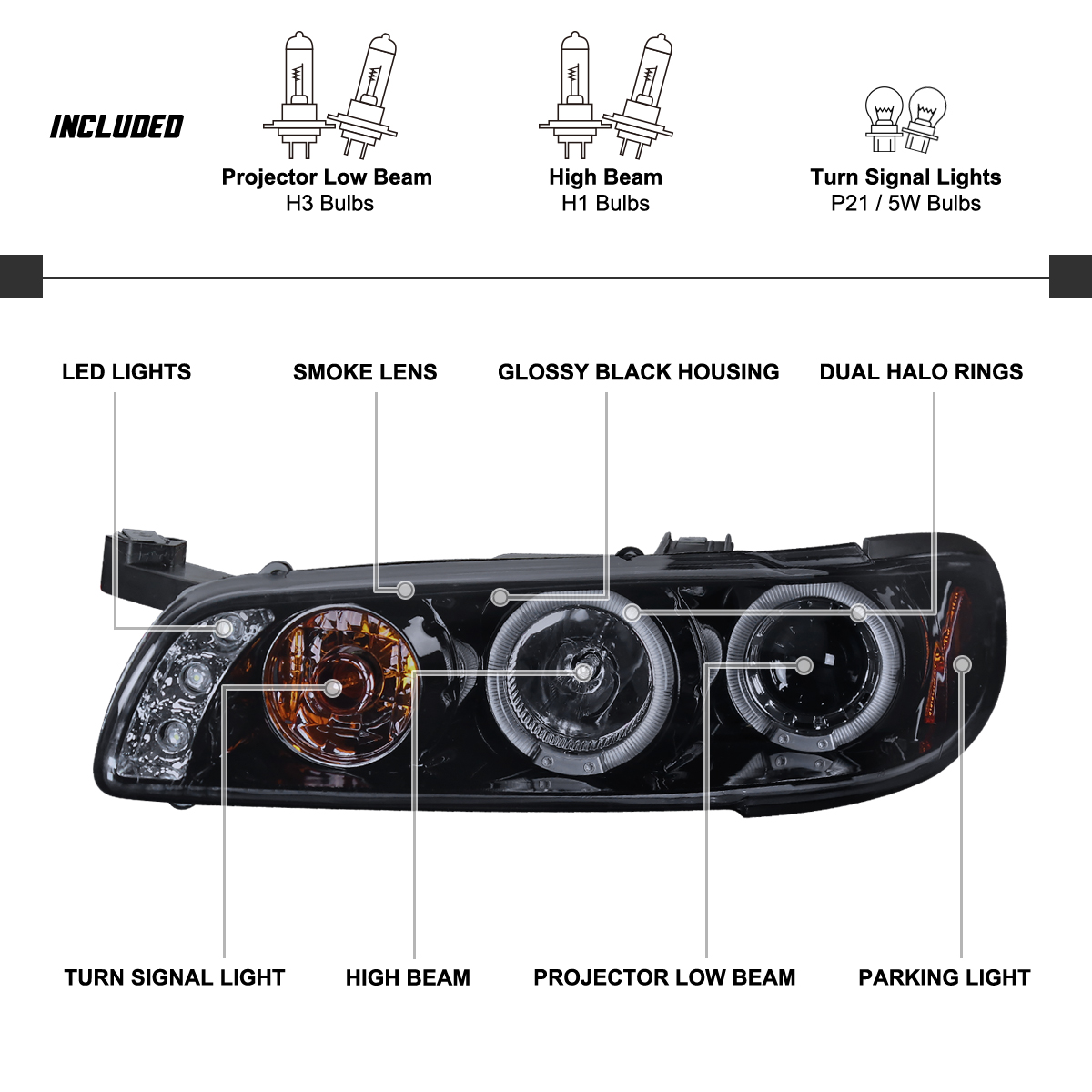 Maxcomotors Smoke Projector Headlights For Pontiac Grand Prix 1997-2003 – LED/Halogen Combo, Glossy Black Housing (Pair)