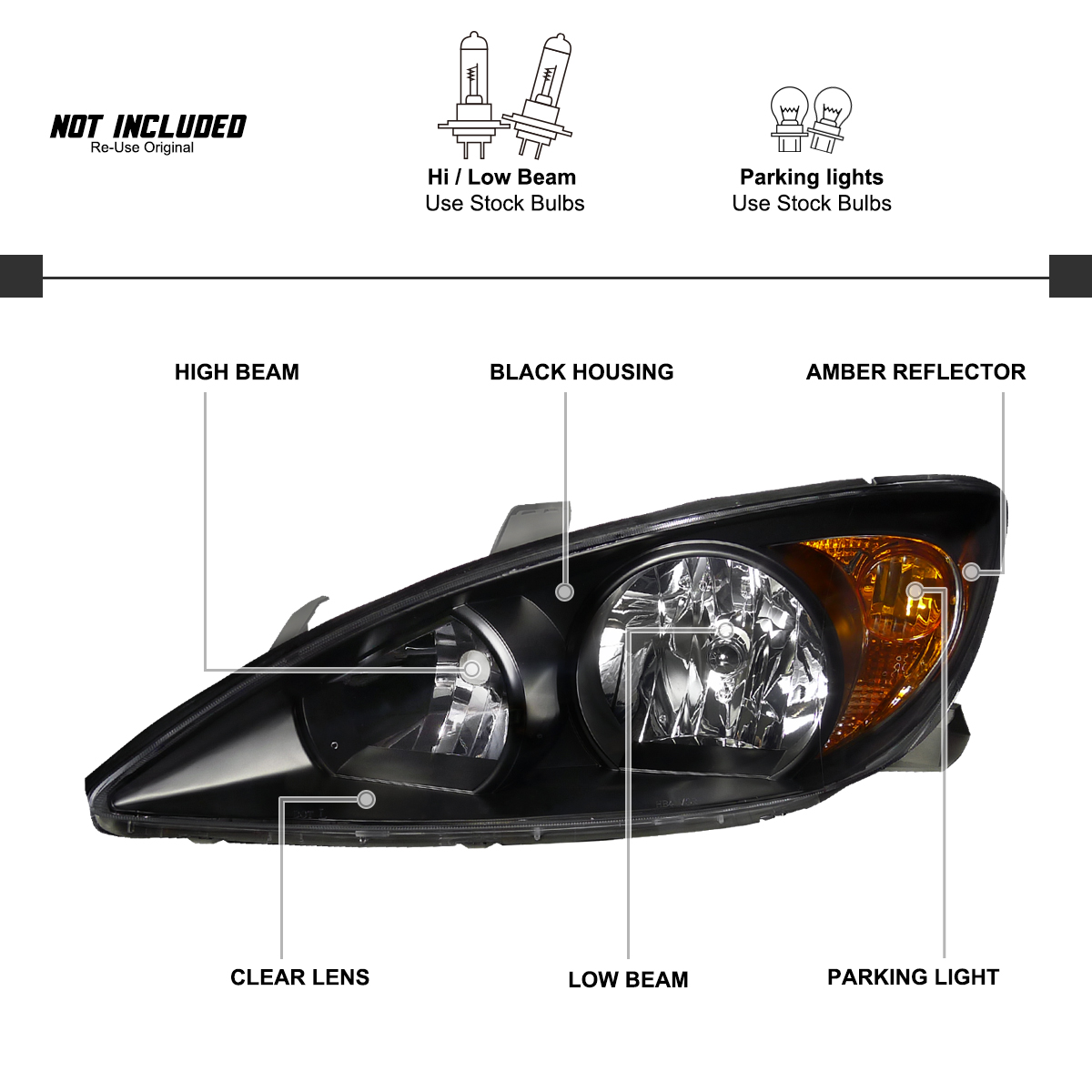2002-2004 Toyota Camry Headlight Assembly - Left & Right Pair, Replacement with Clear Lens Clear Lens I Chrome Housing I Amber Reflector