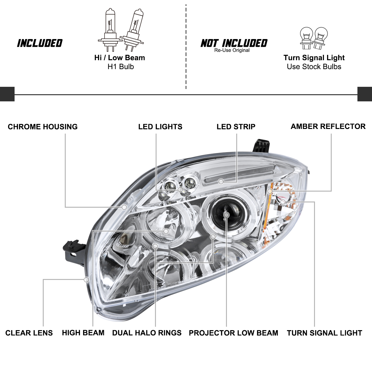 Maxcomotors Projector Headlights For 2006-2012 Mitsubishi Eclipse – LED Halo, Clear