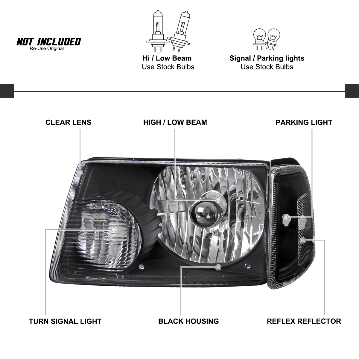 Ford Ranger 2001-2011 Factory Style Headlights + Corners Chrome Housing Clear Len Clear Reflector