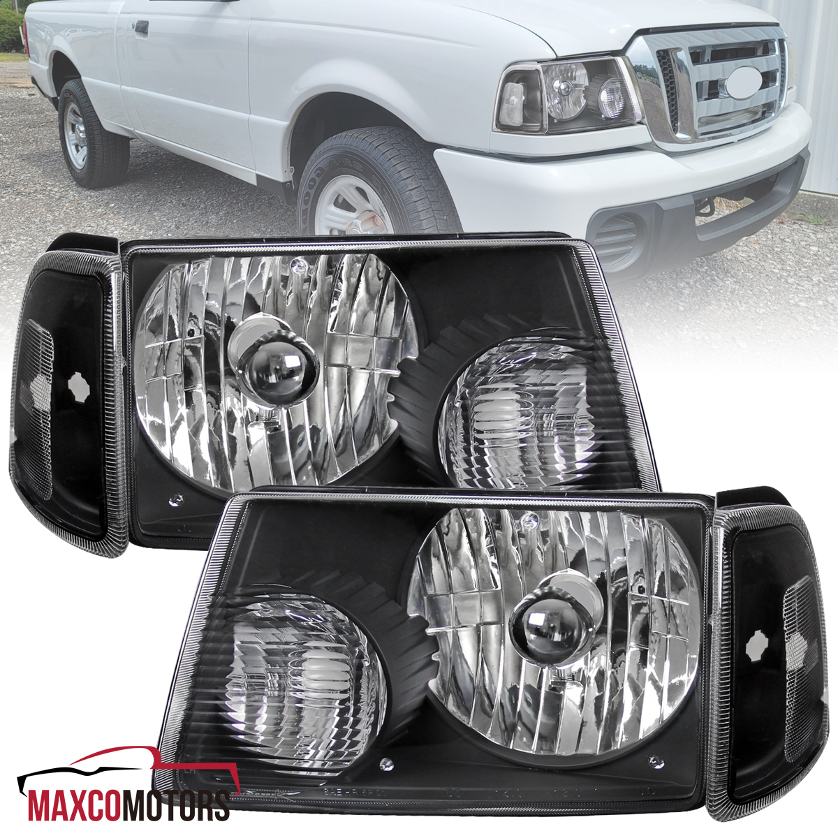 Fits 2001-2011 Ford Ranger Black Headlights+Amber Corner Signal