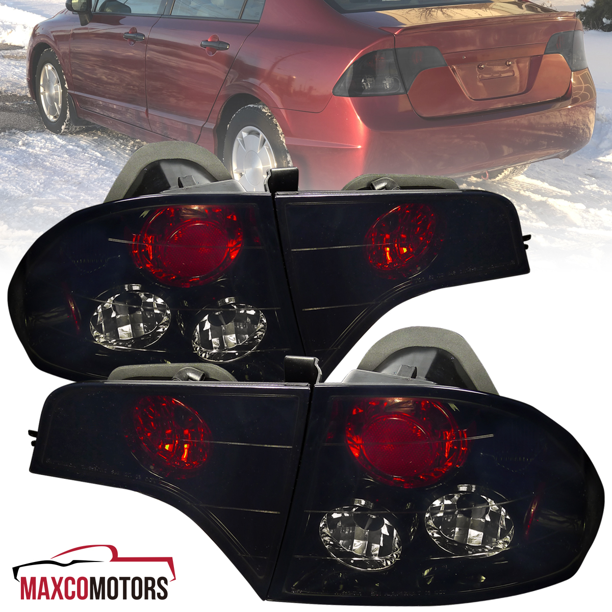 Spec-D Tuning Tail Lights For Honda Civic 2006-2011 - Black Housing Red/Clear Lamps Pair 6 thumbnail image