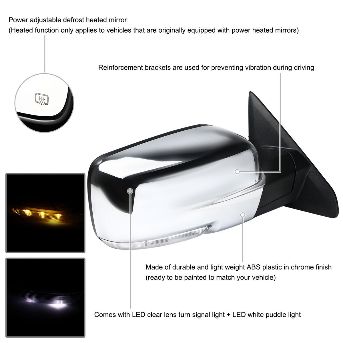 Maxcomotors Chrome Power Heated Side Mirrors W/ LED Signal For Ram 1500 2009-2012