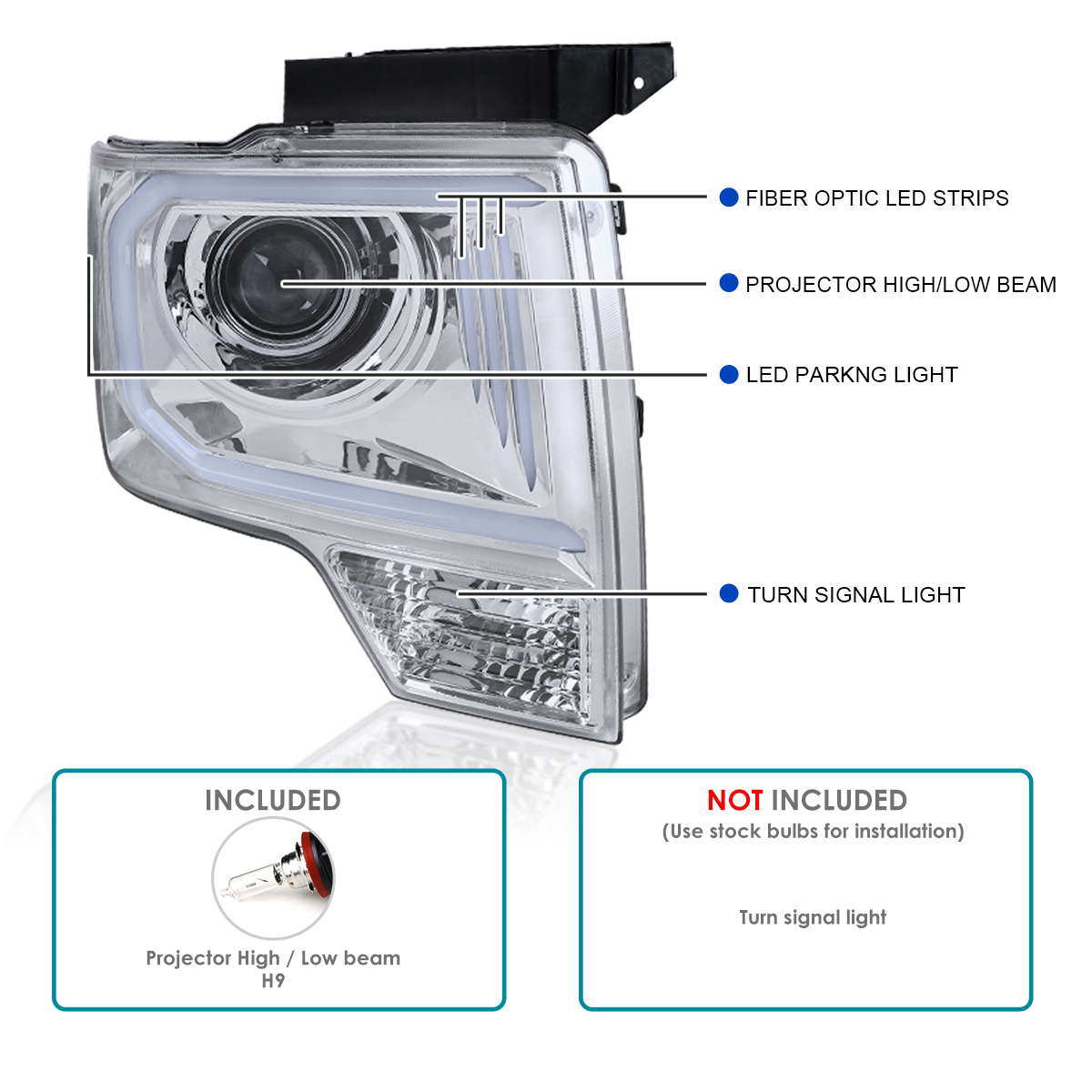 Projector Headlights Fits 2009-2014 Ford F150 F-150 LED Tube Bar Head