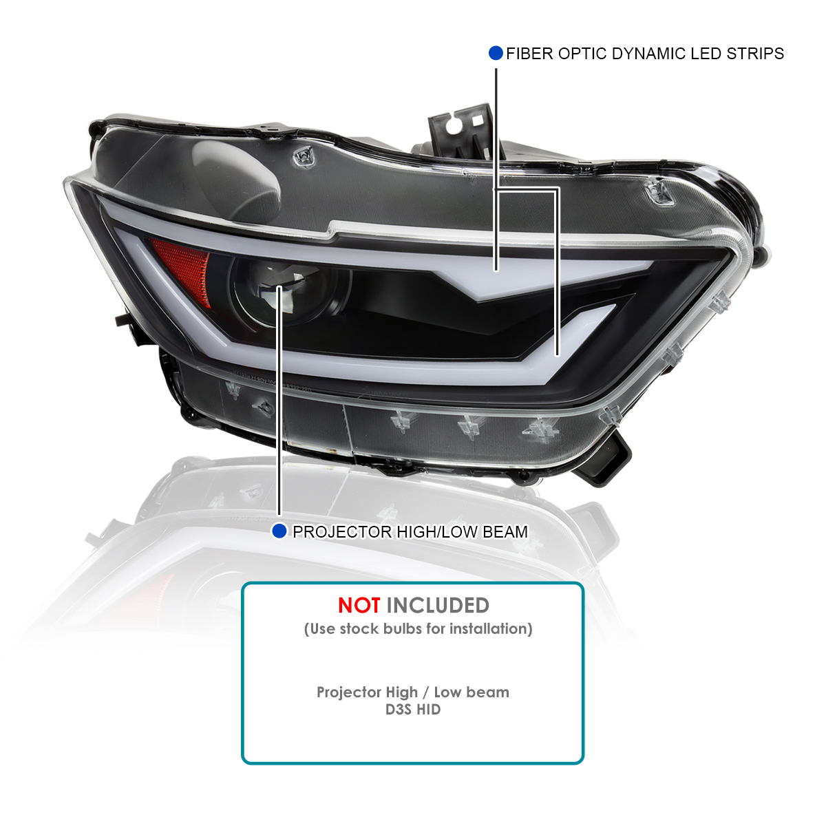 Maxcomotors Left Driver Side Projector Headlight For 2015-2017 Mustang – HID/Xenon, LED Bar, Matte Black