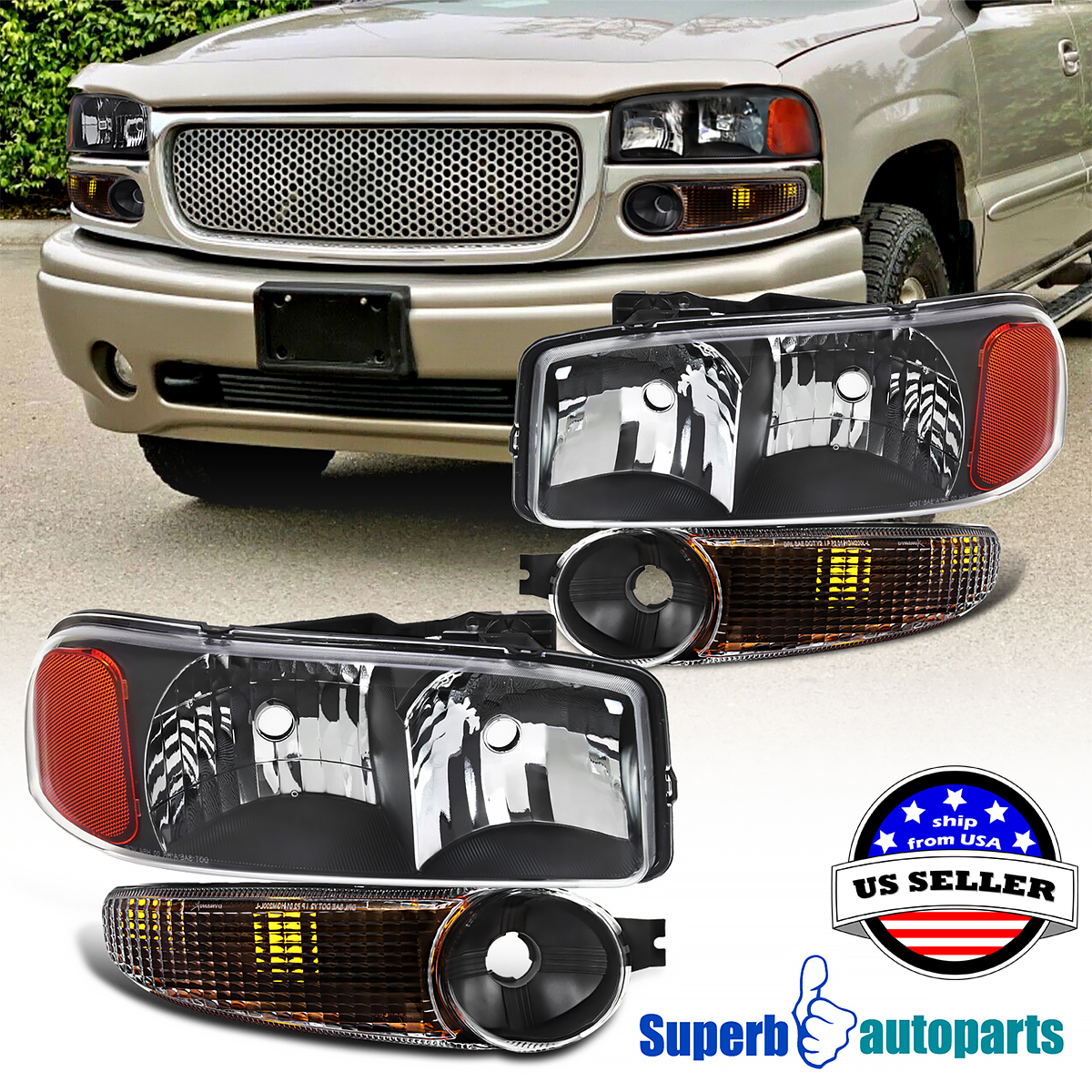 Ronnin - Fits 1999-2007 GMC Sierra Denali 2000-2006 Yukon Denali Upgraded Replacement Led Running Lights Sequential Turn Signals Headlights Bumper Lights Assembly Pair Chrome