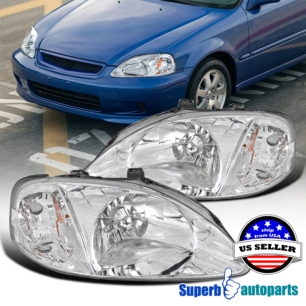 Pair LED DRL Headlights For 1999-2000 Honda Civic EK EJ EM - Chrome Housing, Clear Lens - View #2