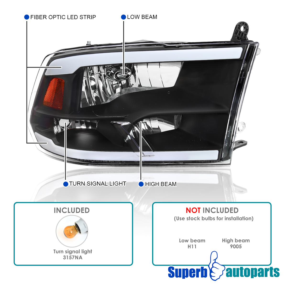 Black Headlight Assemblies For 2009-2018 Dodge Ram 1500 2500 3500 – LED Strip