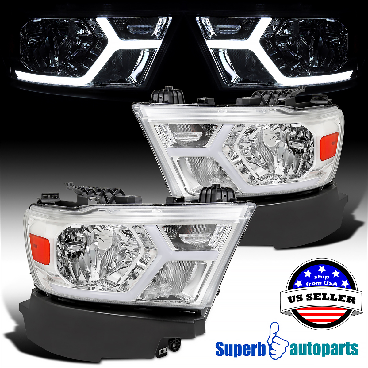For 2019-2024 Dodge Ram 1500 Headlights Dynamic LED Strip Tube 19-22 L+R