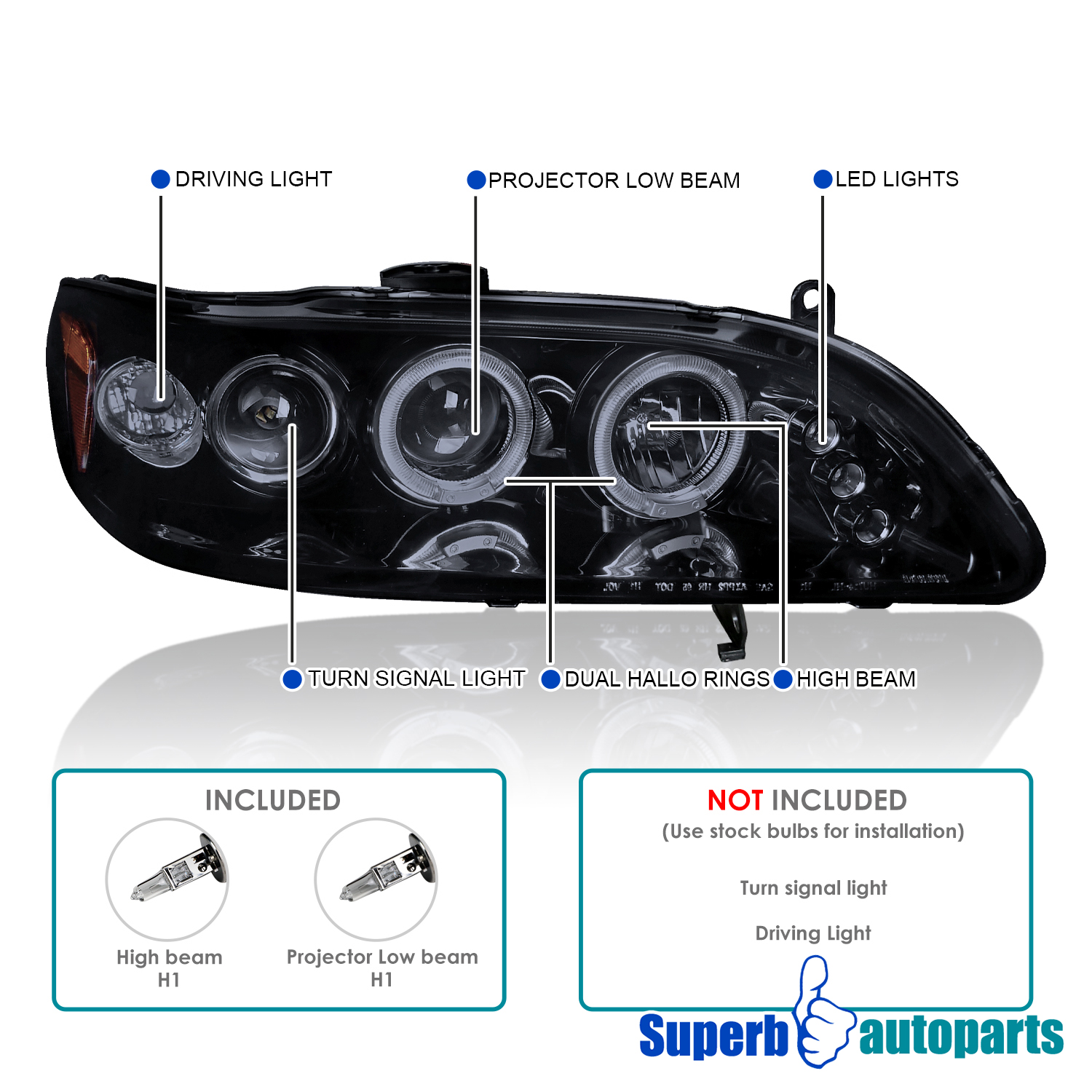 Projector Headlights W/ LED Bar & Halo For 1998-2002 Honda Accord – Chrome Housing, H1 Bulbs Included
