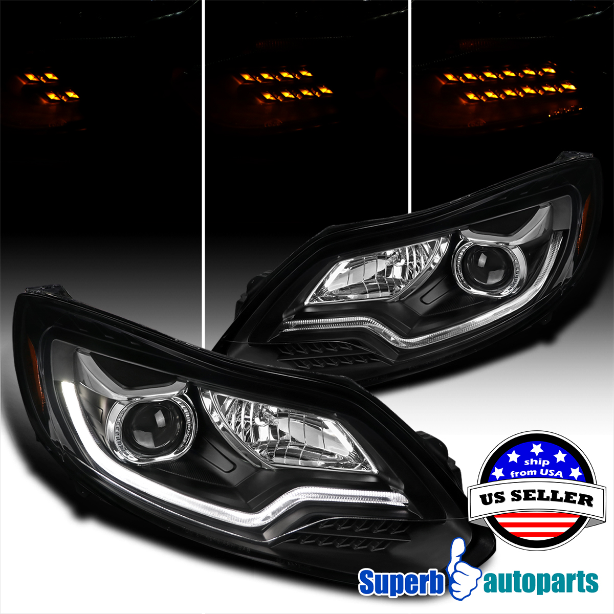 For 2012-2014 Ford Focus Black Projector Headlights w/ LED Sequential