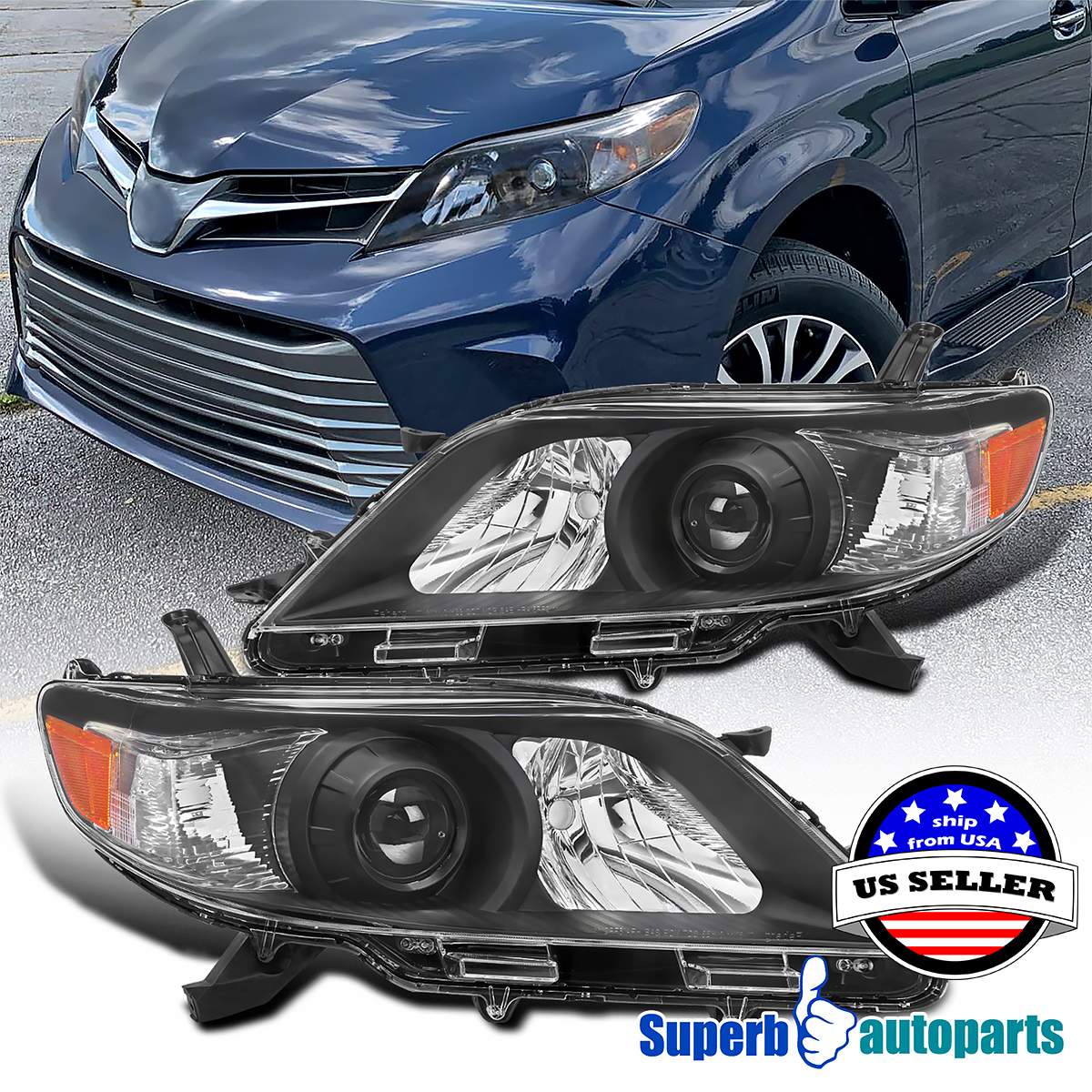 thumbnail image 2 of Pair Black Projector Headlights For 2011-2020 Toyota Sienna – Halogen – Direct Fit (Superbautoparts) 2 of 4